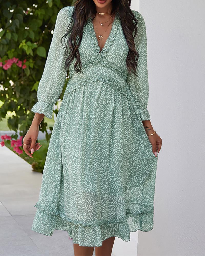 

Frill Hem Ditsy Floral Print Casual Women Dress, Light green