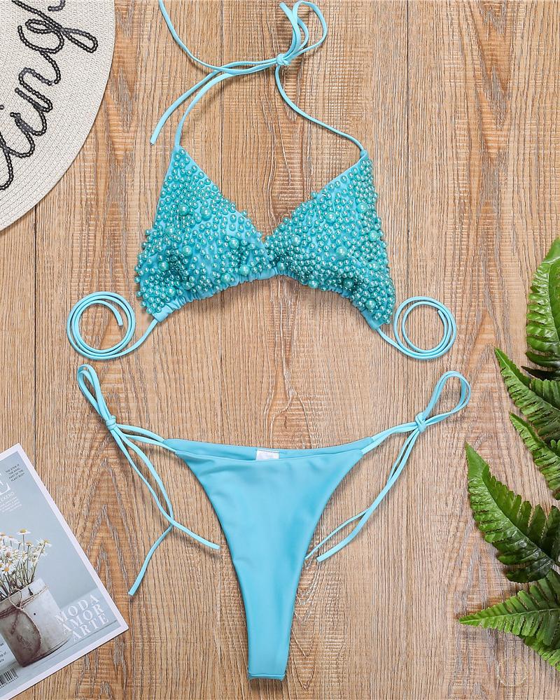 

Spaghetti Strap Beaded Bikini Set, Blue