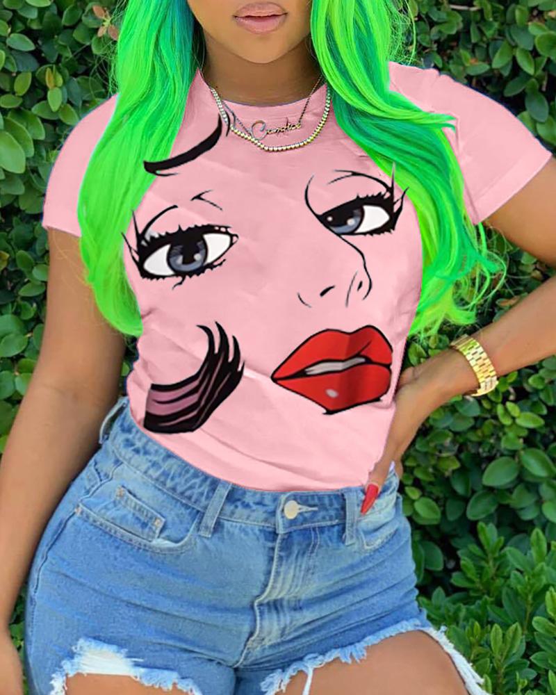 

Figure Print Short Sleeve Casual T-shirt, Pink