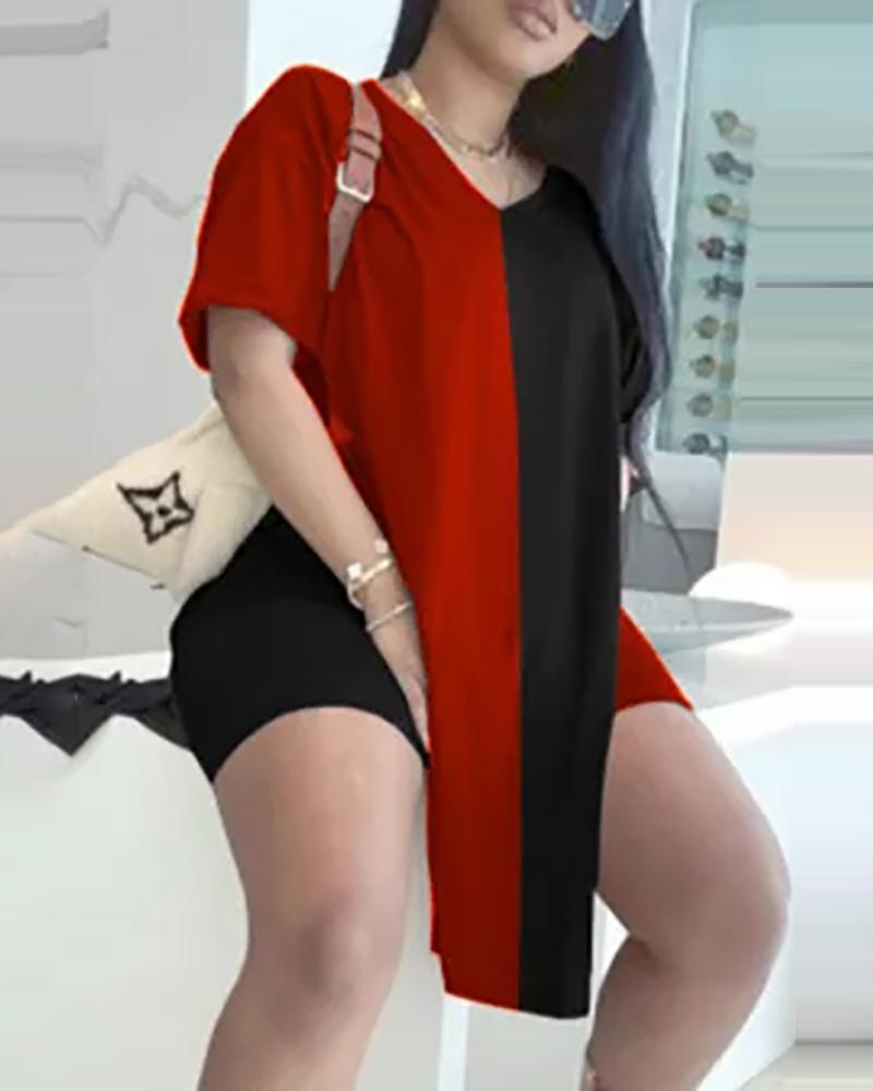 

Colorblock Short Sleeve Slit V Neck Top & Shorts Set, Black