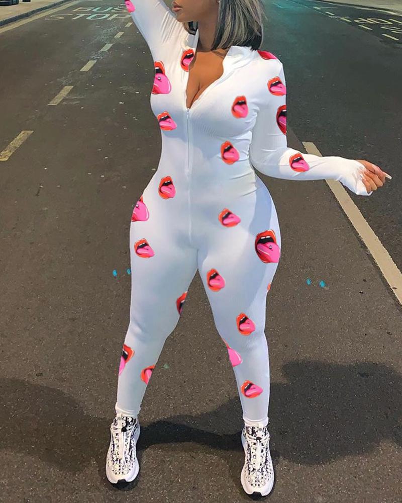

Lip Chili Print Zipper Design Long Sleeve Jumpsuit, Style1