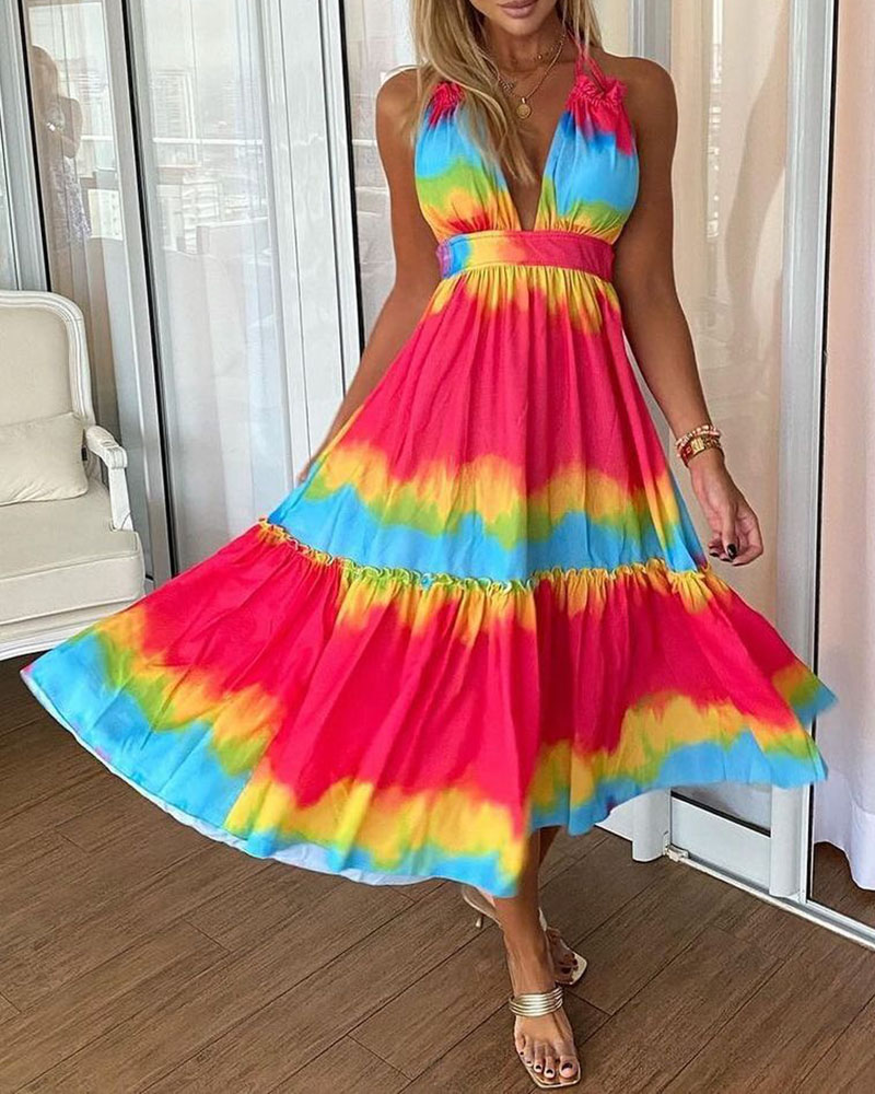 

Tie Dye Print Frill Hem Backless Maxi Dress, Multicolor
