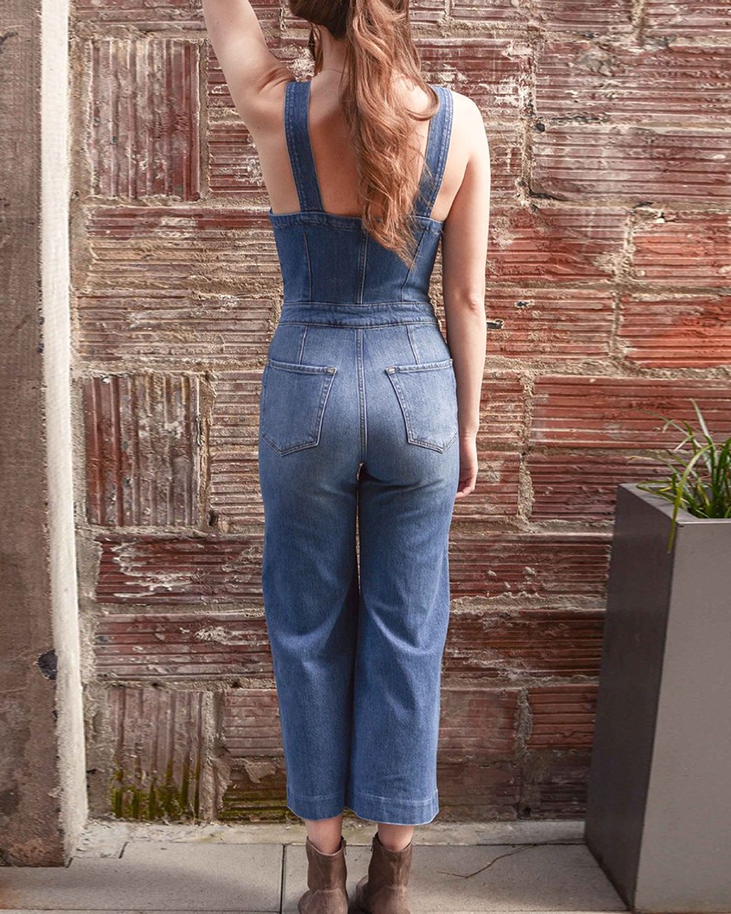 suspender denim jumpsuit