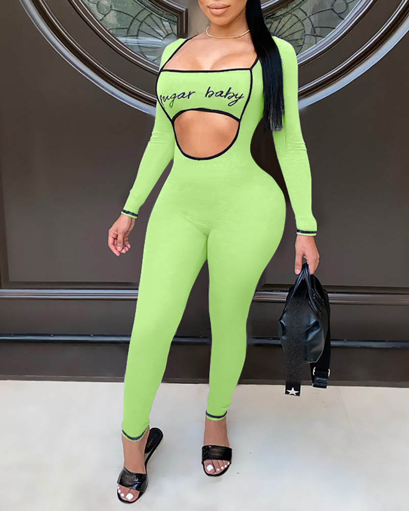 

Letter Print Hollow-out Design Square Neck Jumpsuit, Green