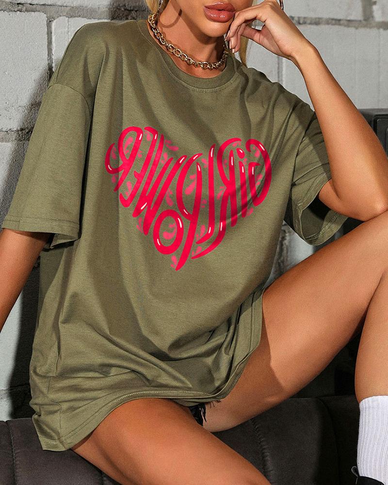 

Heart Letter Print Short Sleeve T-shirts, Green