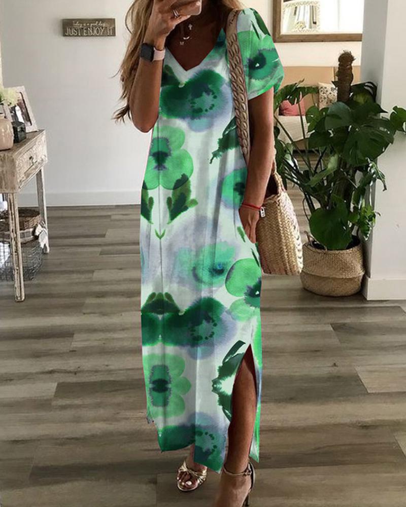 

Floral Print Short Sleeve Slit Loose Midi Dress, Green