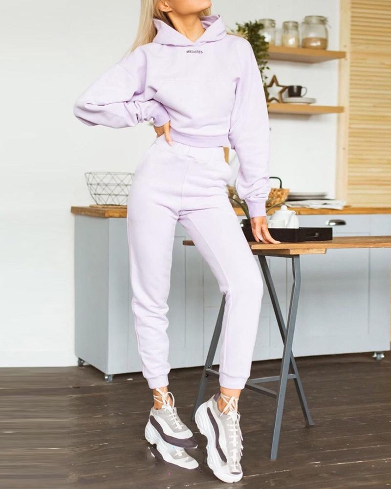 

Letter Print Hooded Top & High Waist Pants Set, Purple