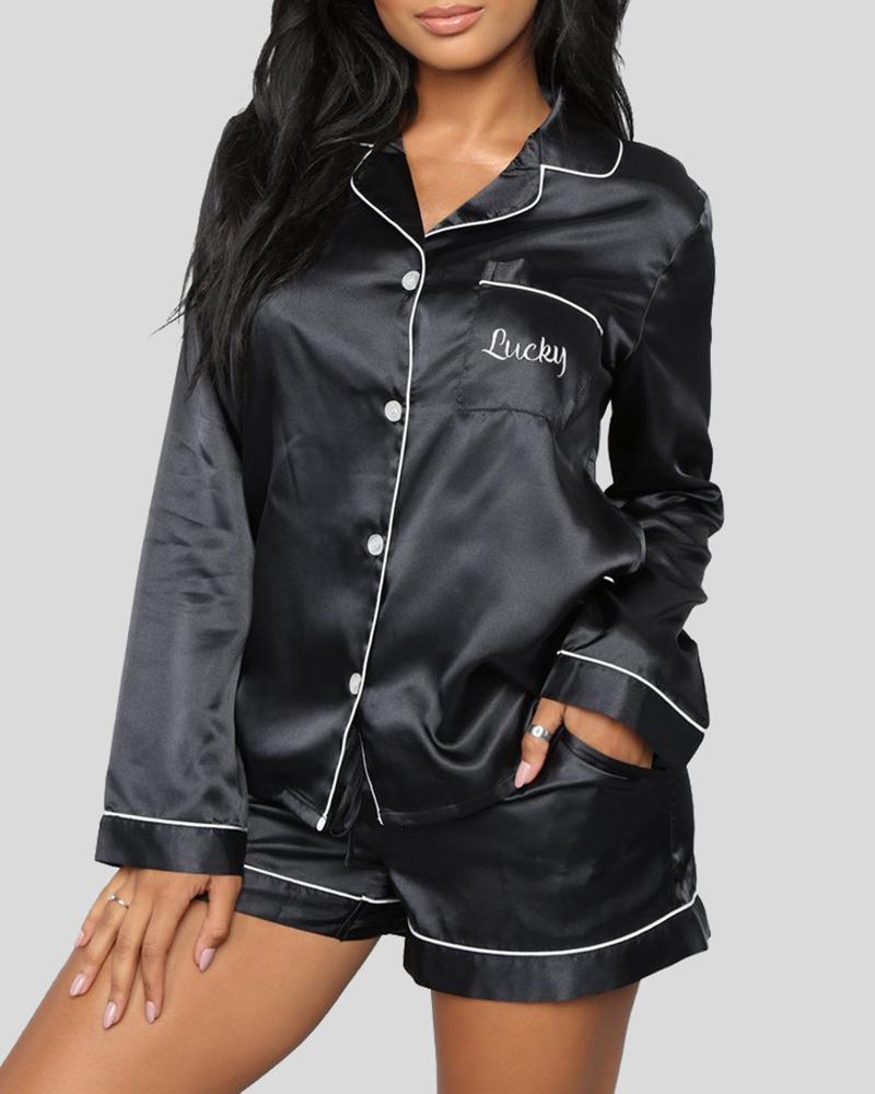 

Letter Print Button Front Satin Pajamas Set, Black