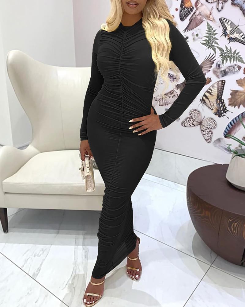 

Plain Sheer Mesh Long Sleeve Ruched Maxi Dress, Black