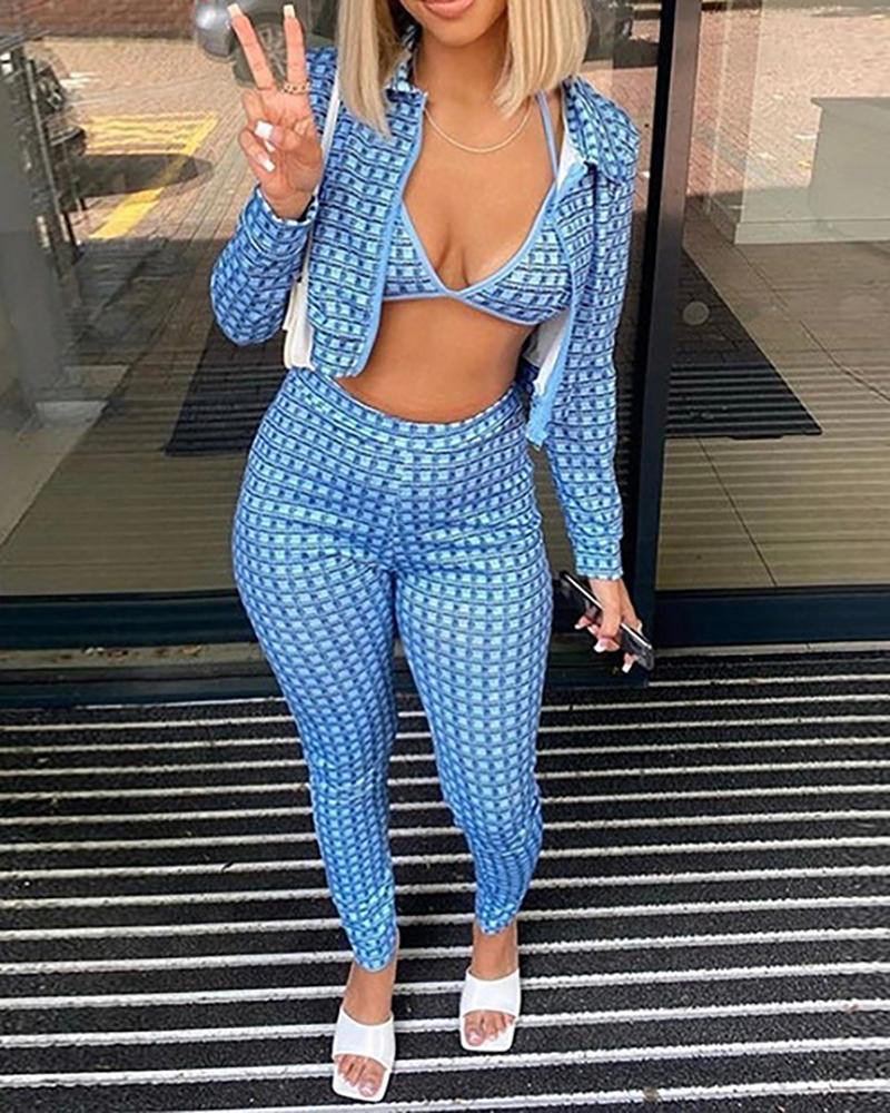 

Plaid Halter Top & Long Sleeve Coat & Pants Set, Blue