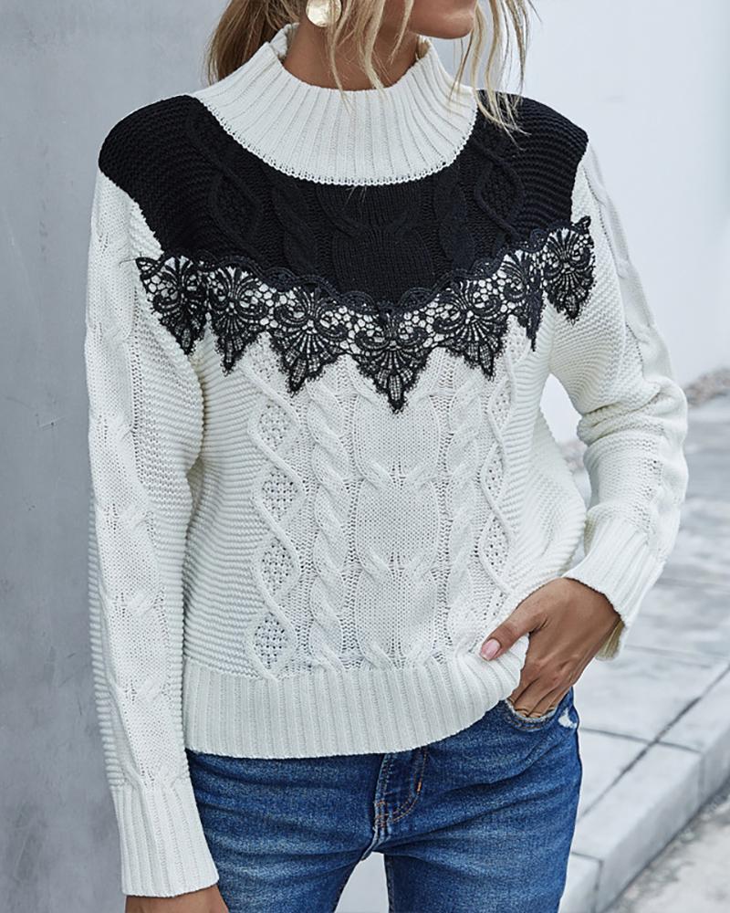 

Colorblock Long Sleeve Lace Contrast Cable Knit Sweater, White