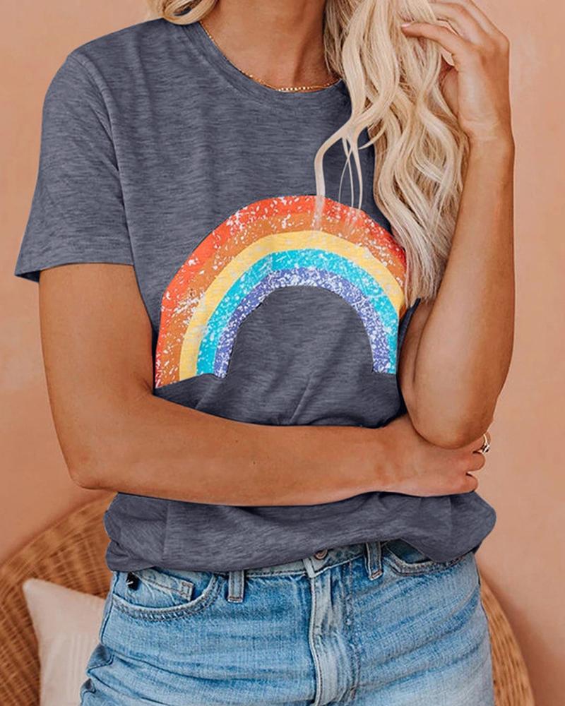 

Glitter Rainbow Patterns Print Short Sleeve Loose T-shirts, Gray