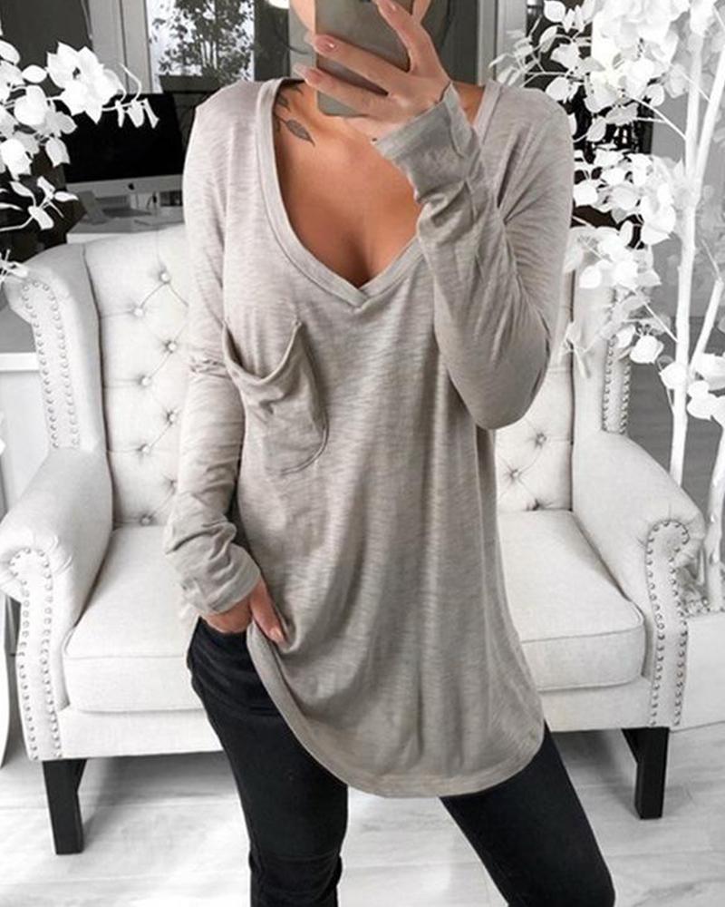 

Long Sleeve Pocket Plunge Top, Gray