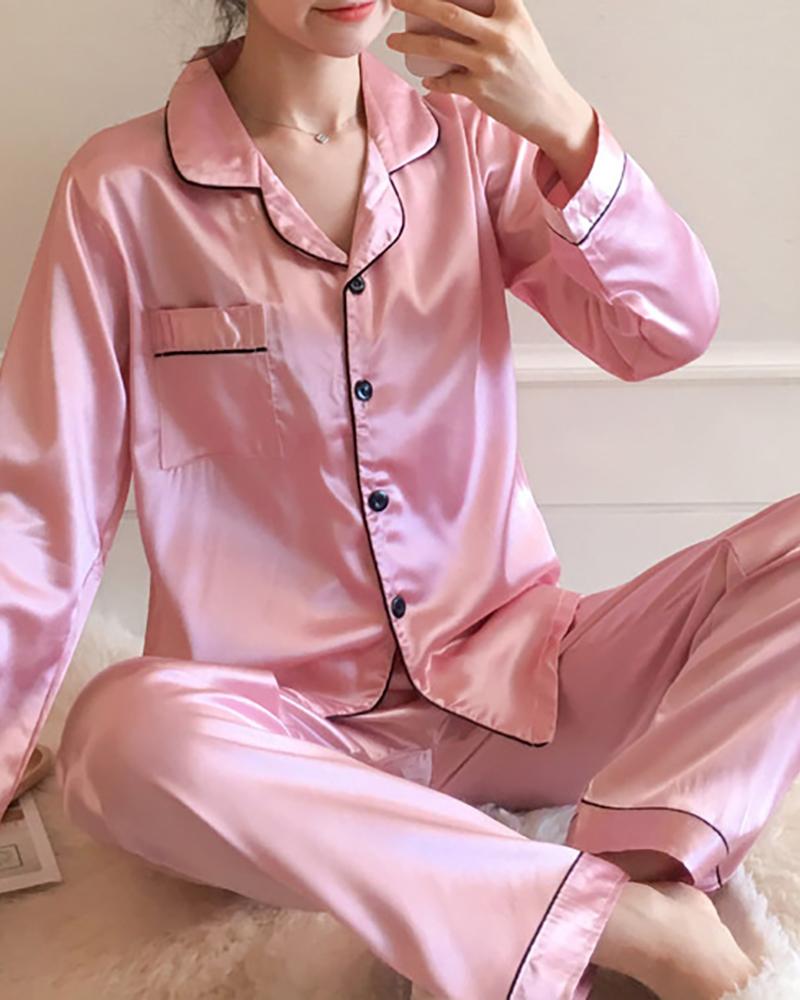 

Contrast Binding Button Front Satin Pajama Set, Pink