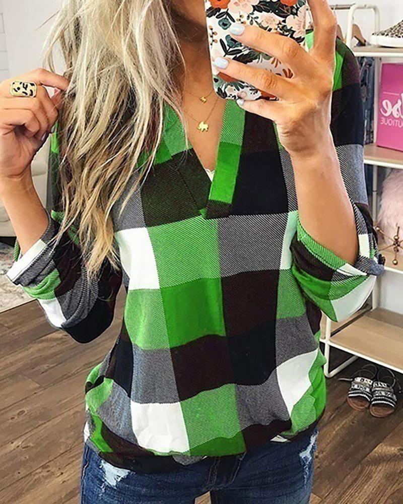 

Grid Print V-Neck Casual Women Blouse, Green