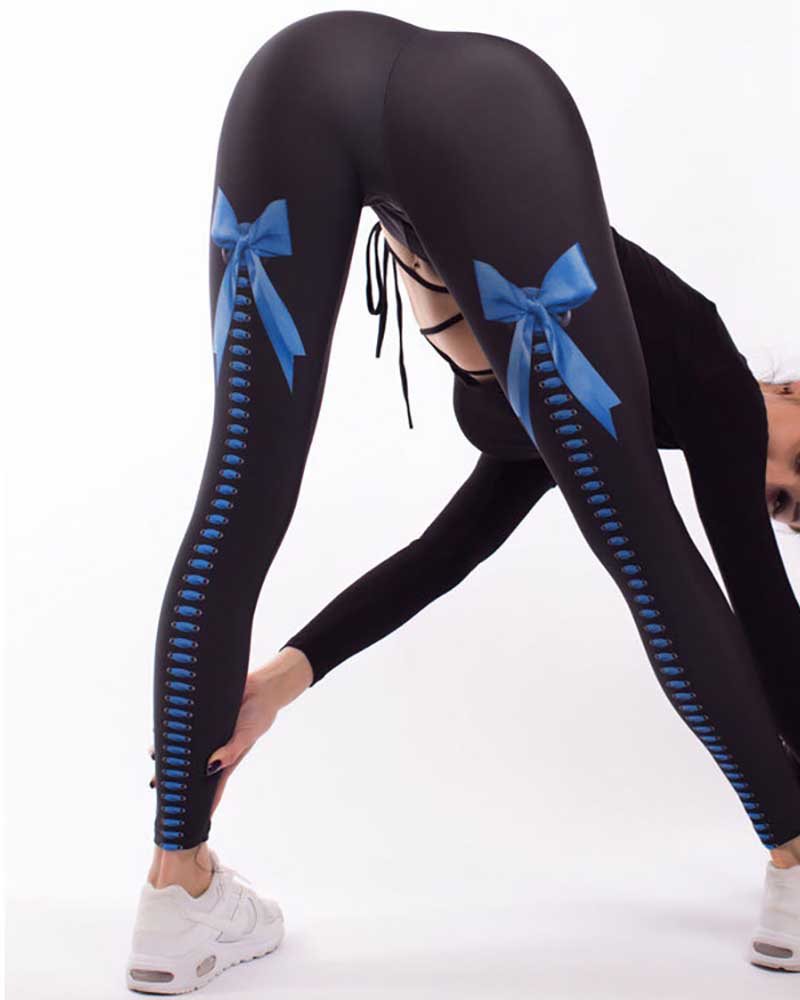 

Bowknot Graphic Print High Waist Butt Lift Stretchy Yoga Pants, Blue