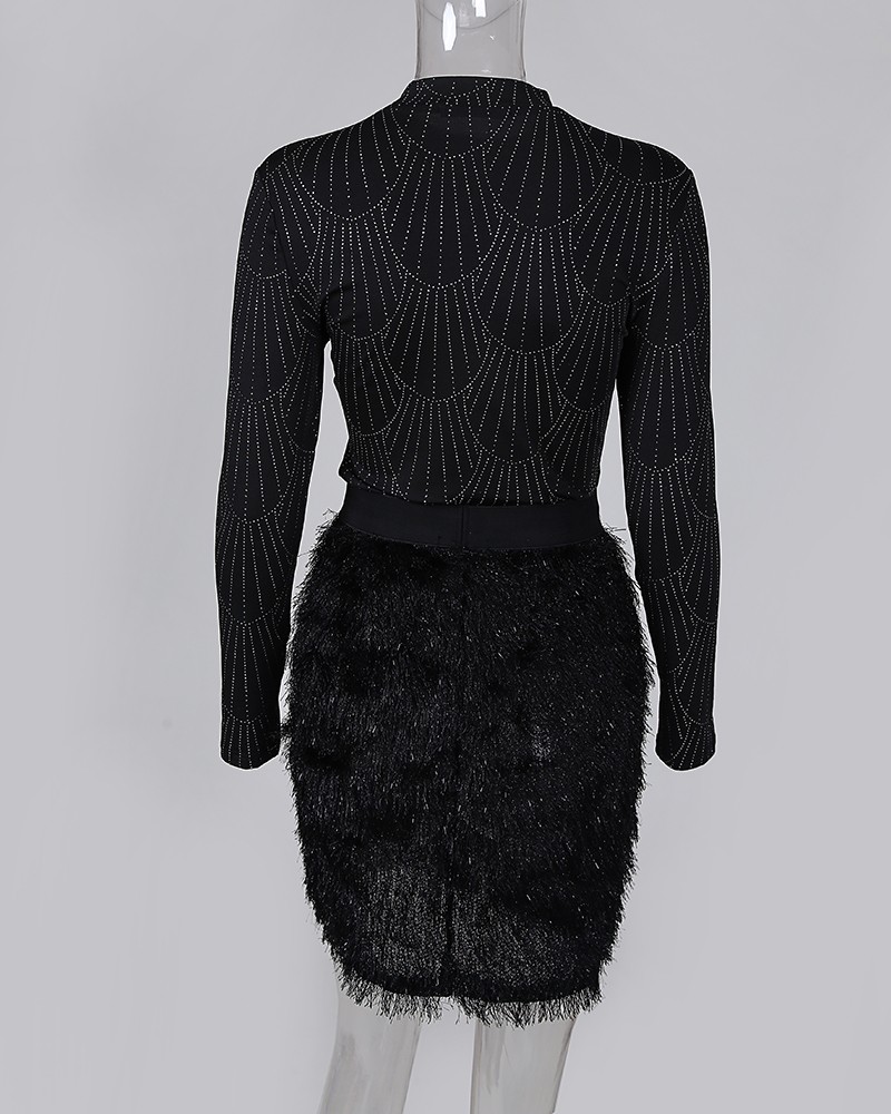 glitter mock neck feather insert long sleeve bodycon dress