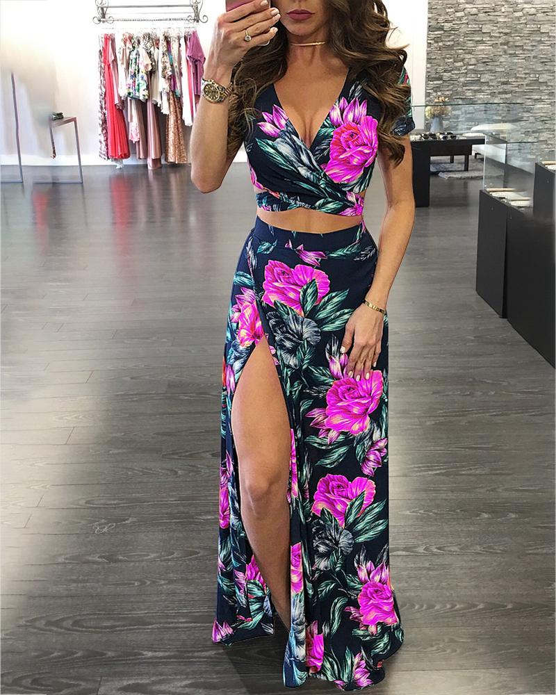 

2 Piece Set Floral High Slit Dress, Hot pink