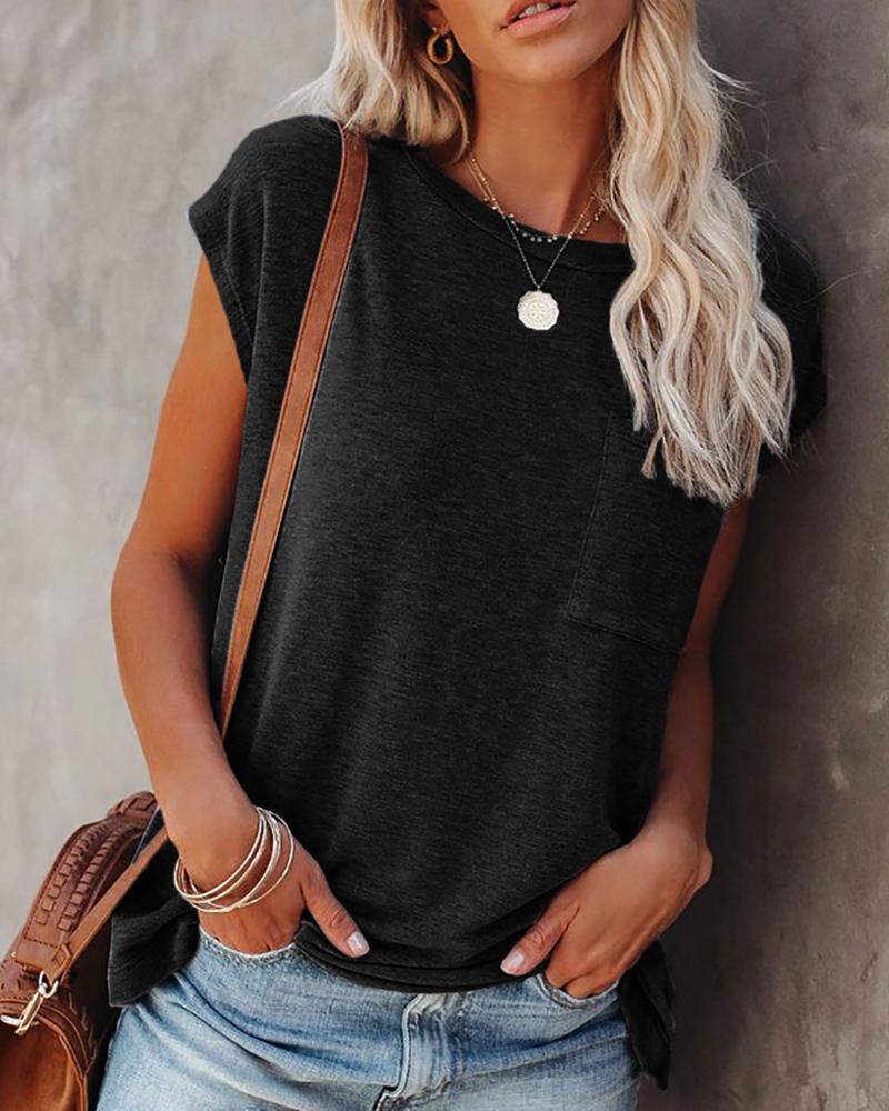 

Plain Short Sleeve Pocket Design T-Shirt, Black