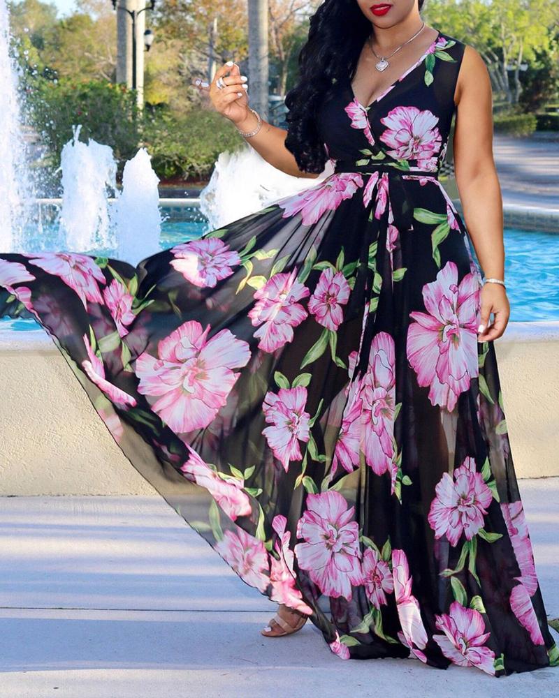 

Deep V-neck Floral Printed Maxi Chiffon Dress, Black