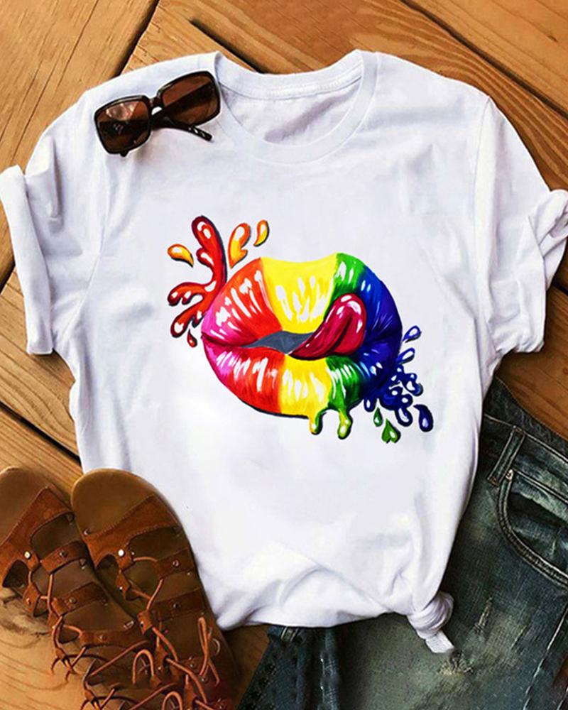 

Lip Print Colorblock Short Sleeve T-shirt, Style3