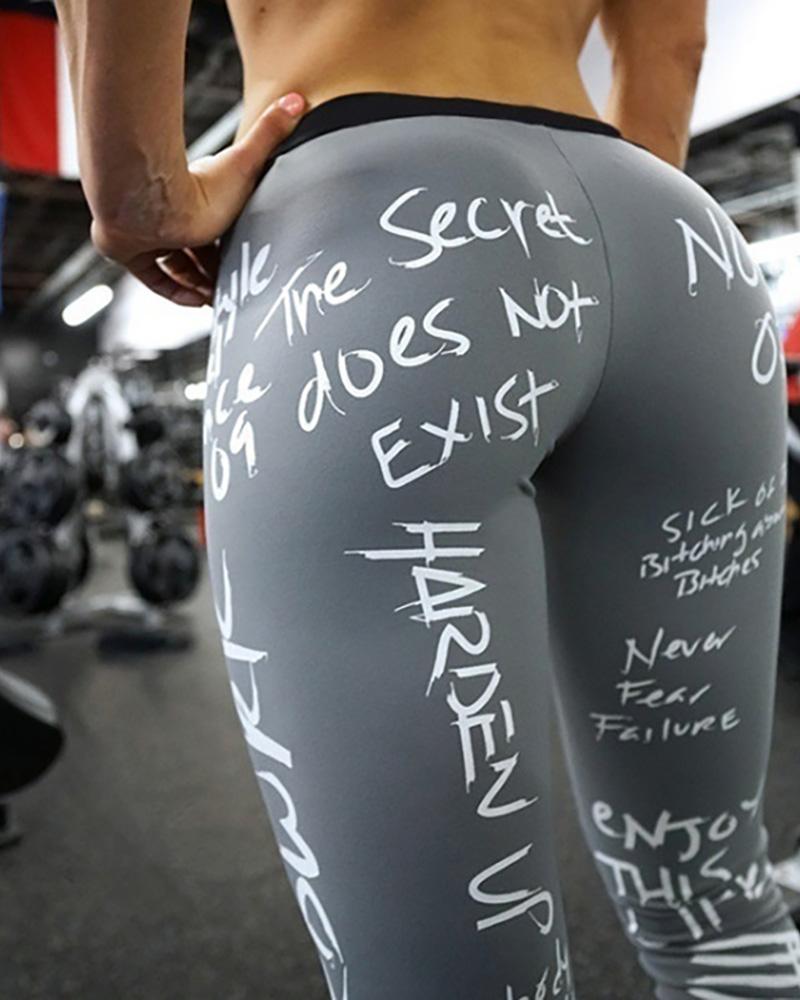 

High Waist Letter Print Skinny Pants, Gray