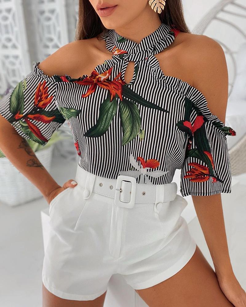 

Striped Floral Print Cold Shoulder Top, Black