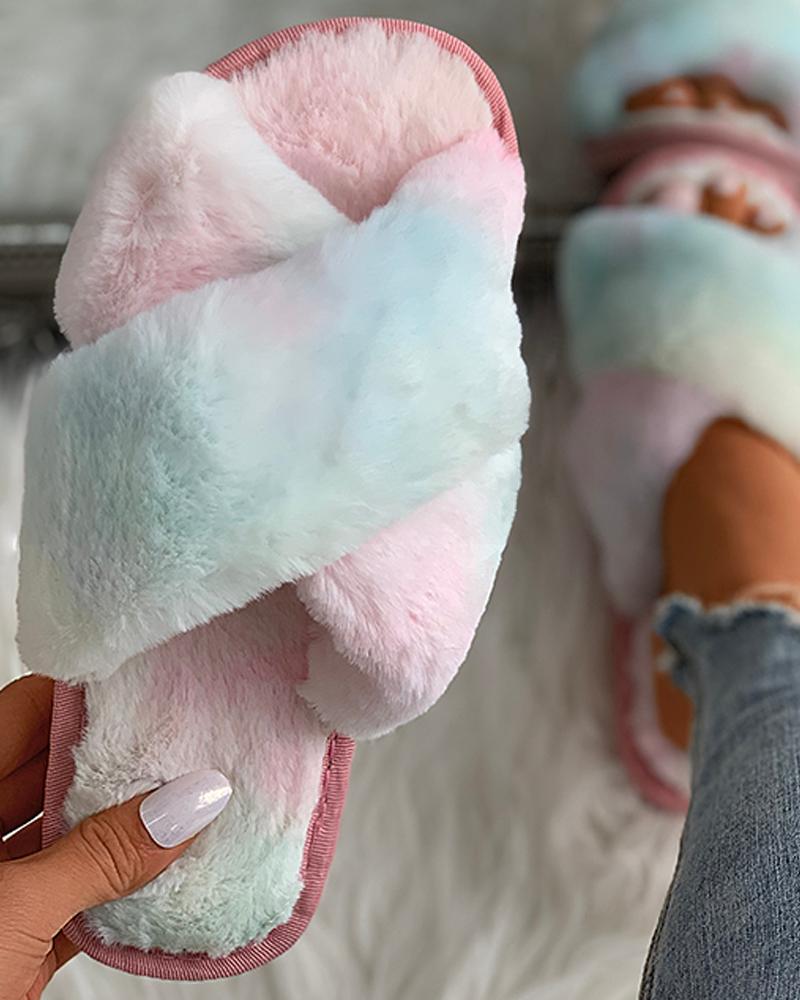 

Colorblock Bandage Fluffy Slippers, Pink