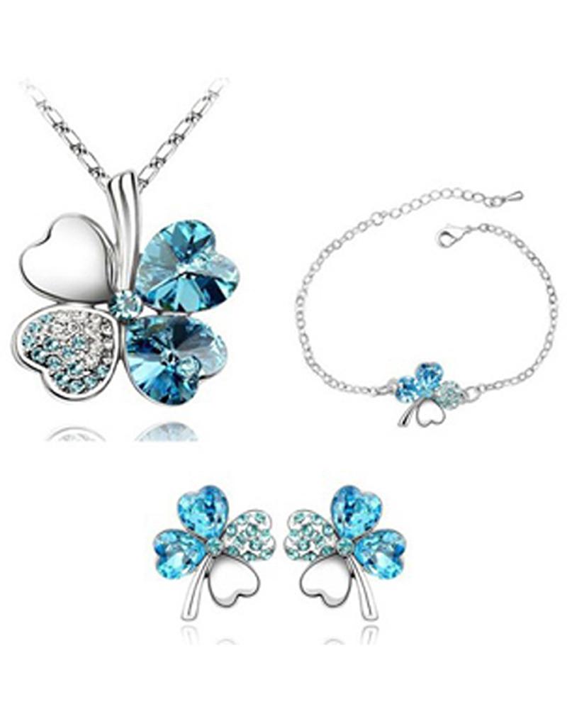 

4PCS Clover Pattern Colorblock Pendant Necklace & Earrings & Bracelet Set, Blue
