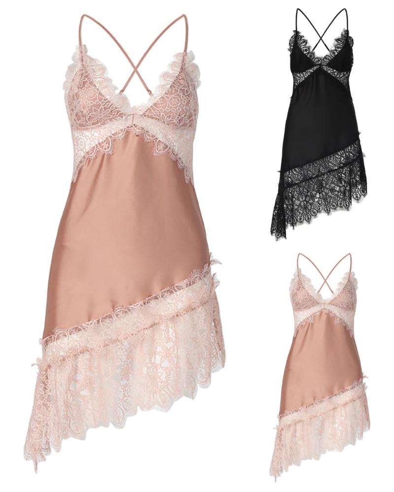 

Spaghetti Strap Eyelash Lace Trim Backless Asymmetrical Nightdress, Coffee