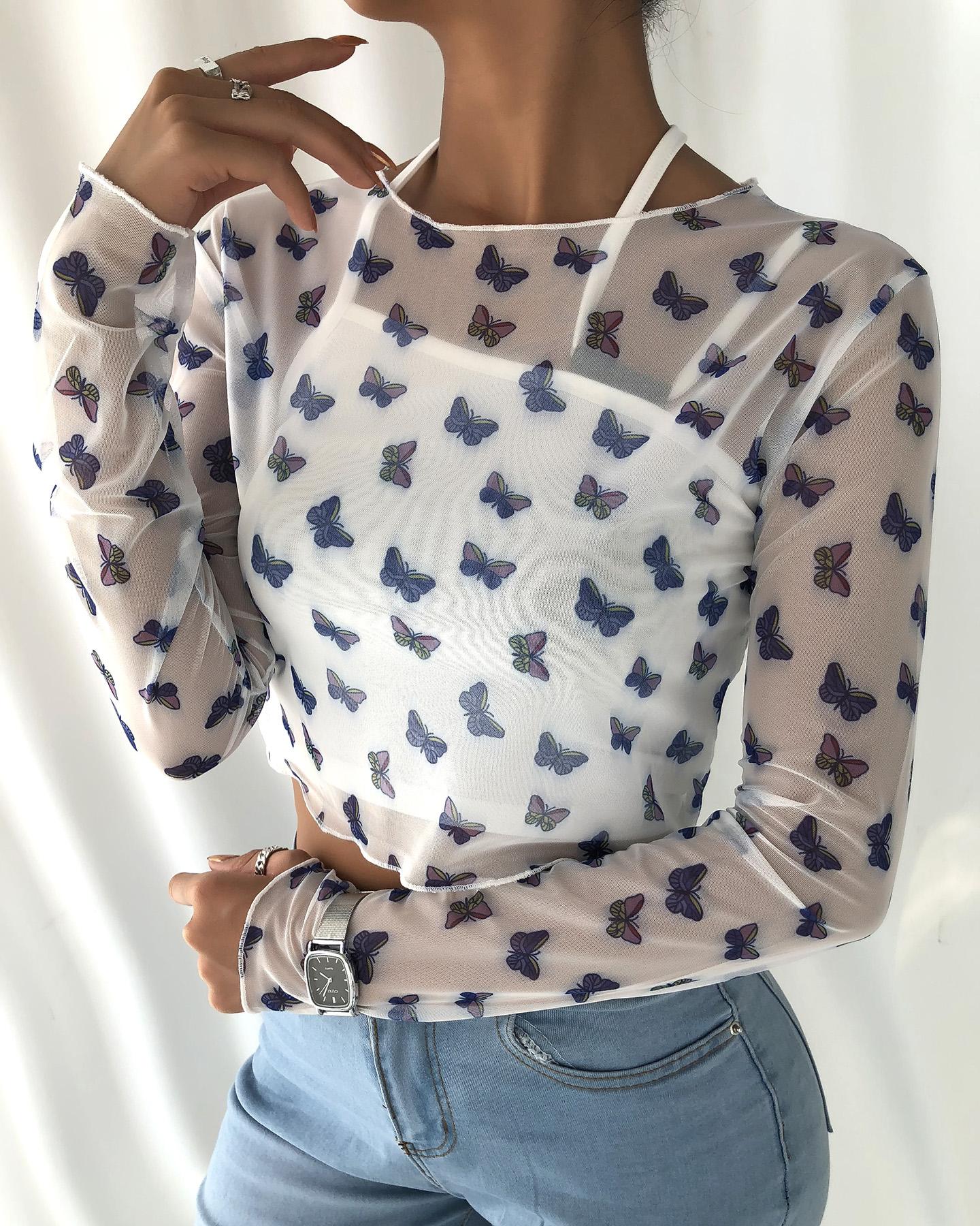 

Spaghetti Strap Plain Crop Top & Butterfly Print Women Blouse, White