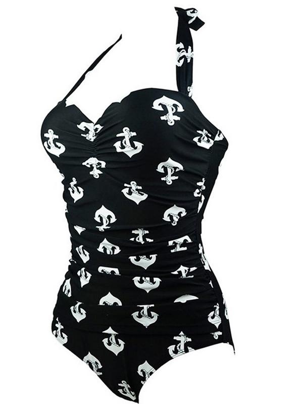 

Fashion Plus Size Push Up Strappy Anchor Pattern BeachWear Bathing Suit Swimwear Swimsuit, Black