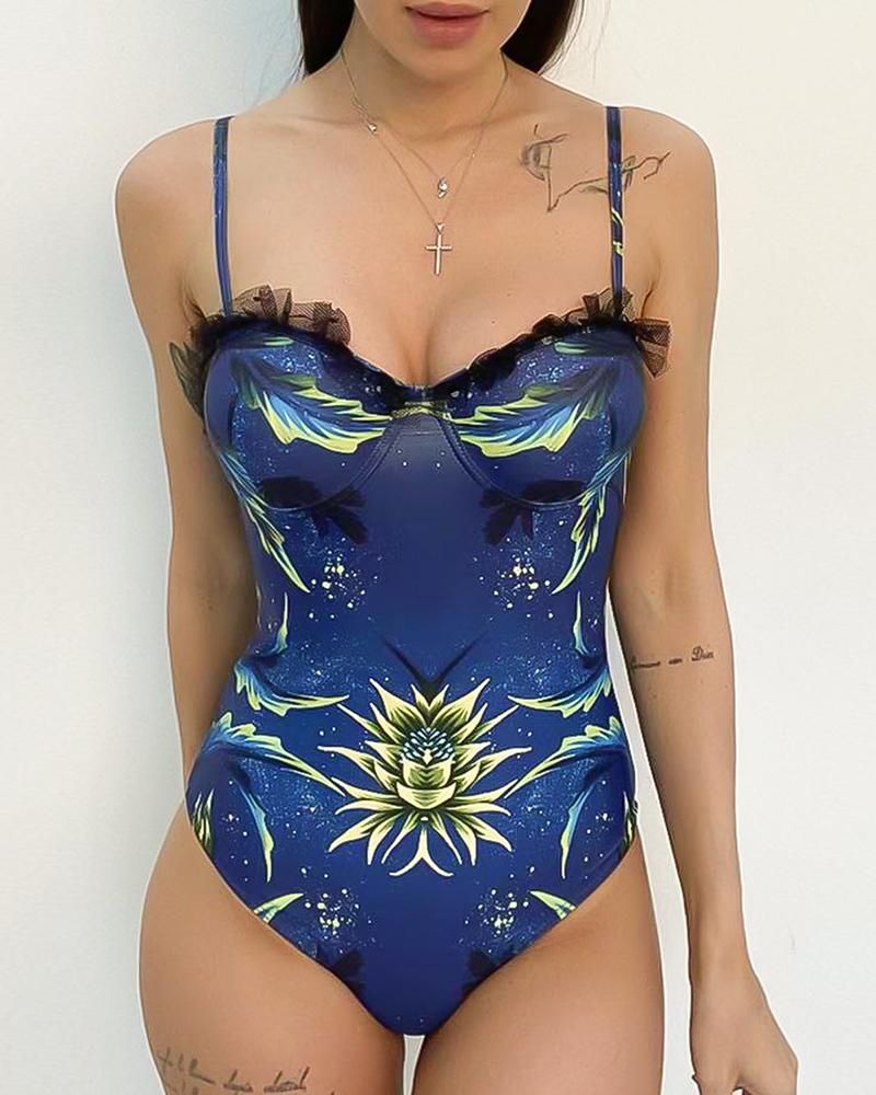 

All Over Print Spaghetti Strap Mesh One Piece Swimsuit, Blue
