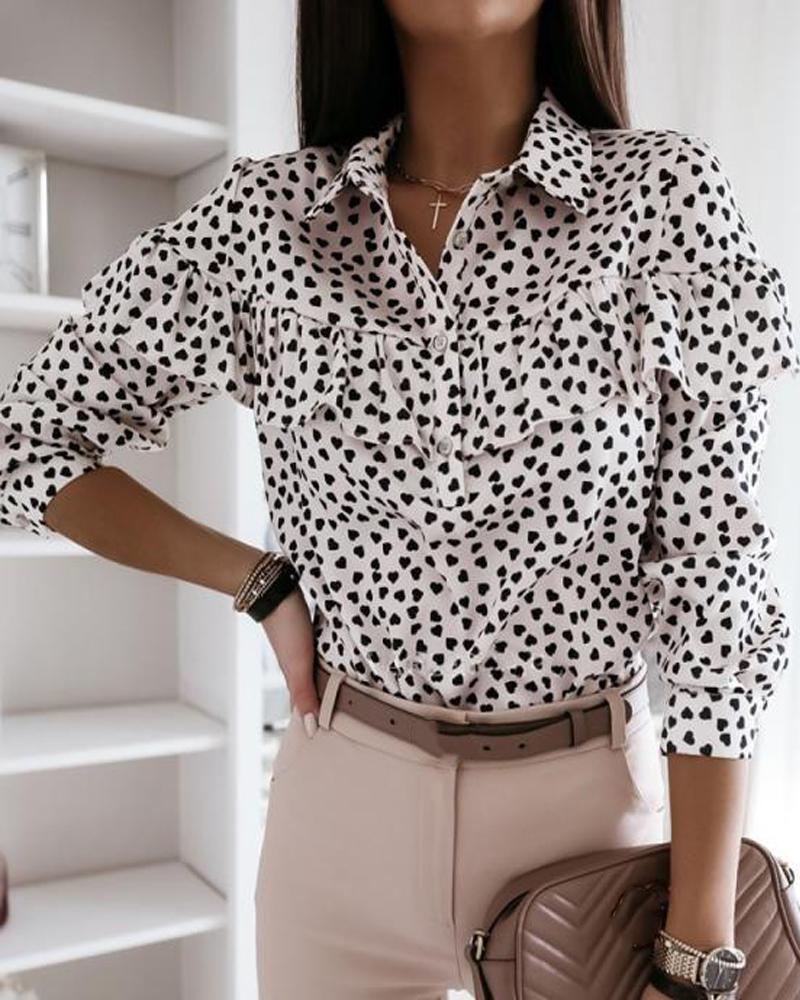 

Heart Print Ruffle Detail Shirt, White