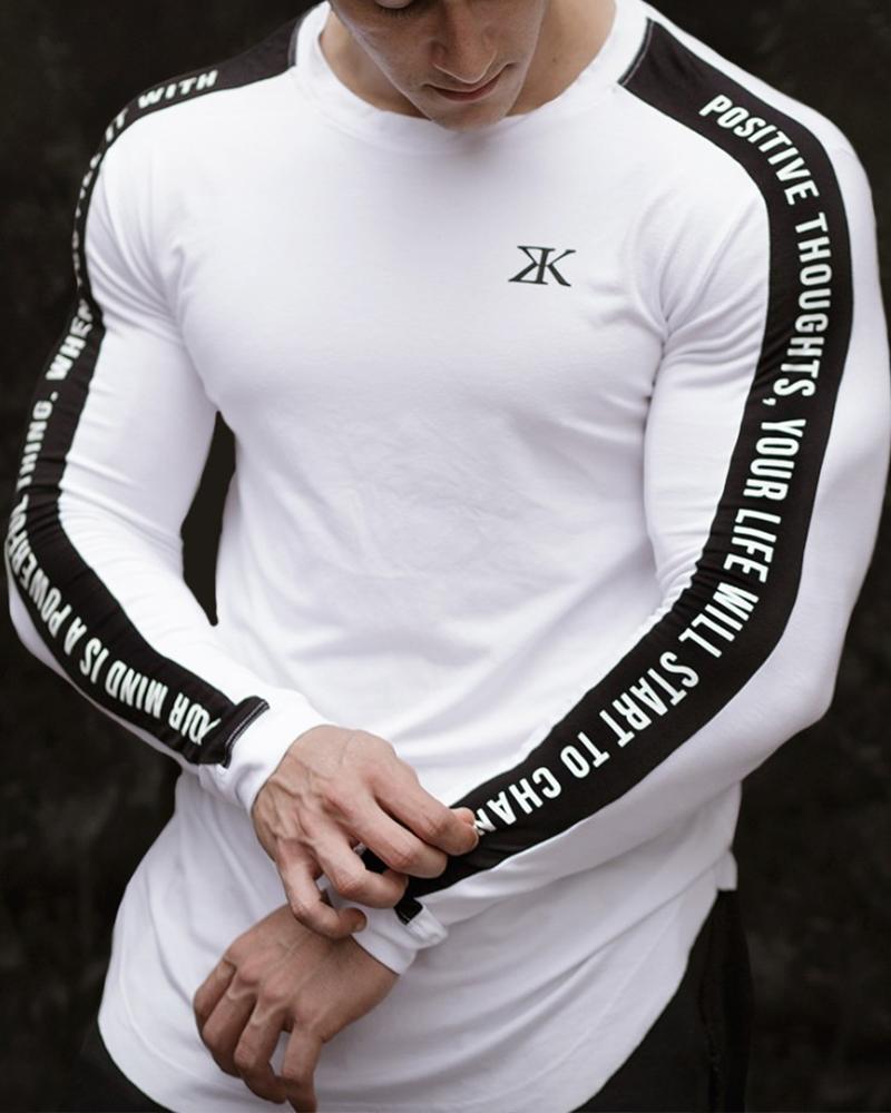 

Solid Color Splicing Letter Long Sleeve Skinny Sport Blouse T-shirt, White