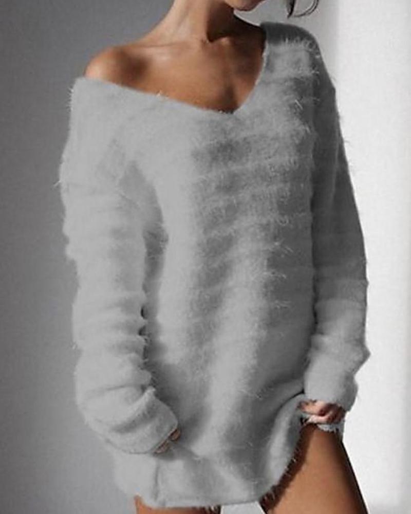 

Solid Long Sleeve V Neck Fluffy Sweater, Gray