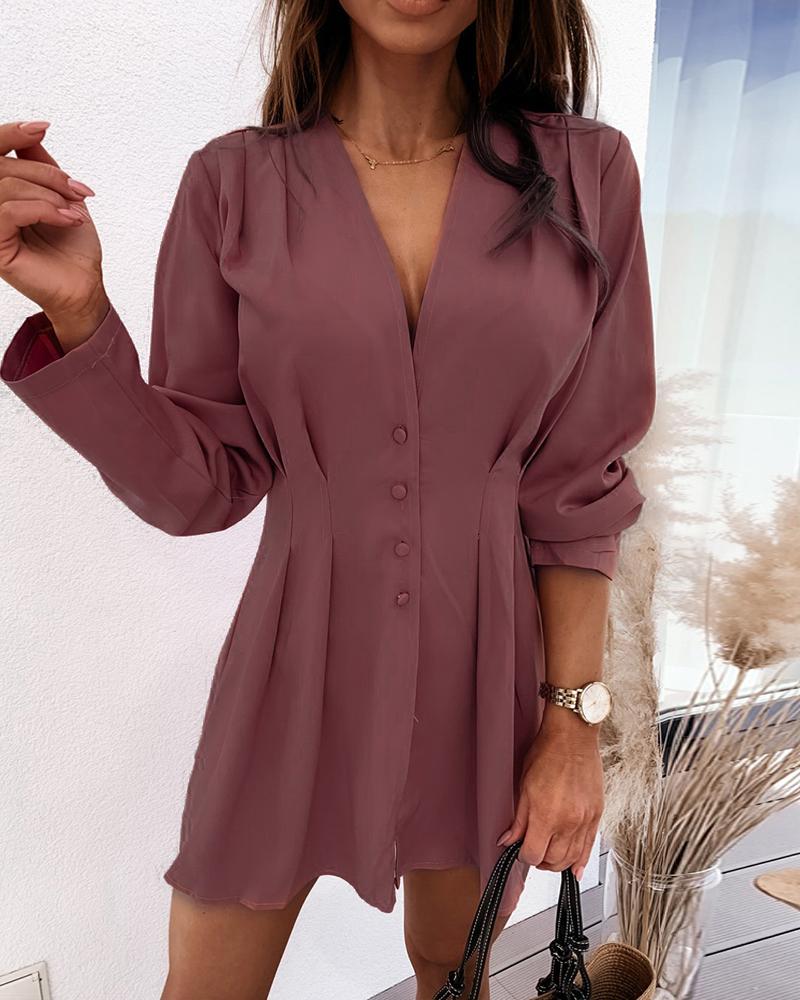 

Button Design Ruched Long Sleeve Dress, Pink
