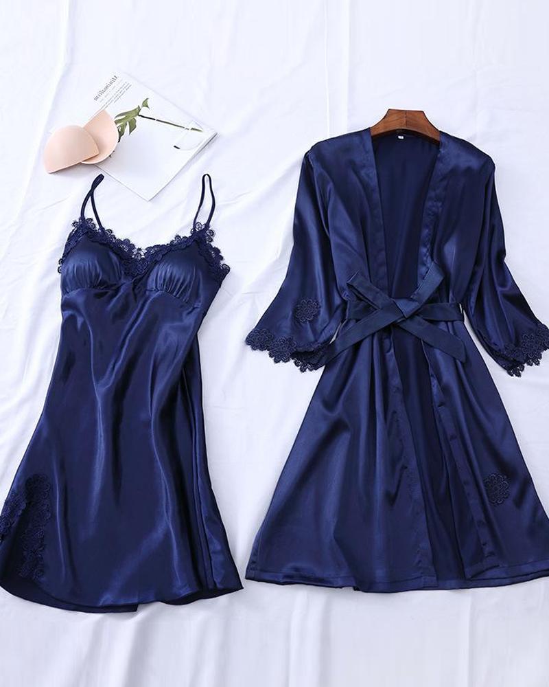 

Lace Trim Robe & Camisole Set, Blue
