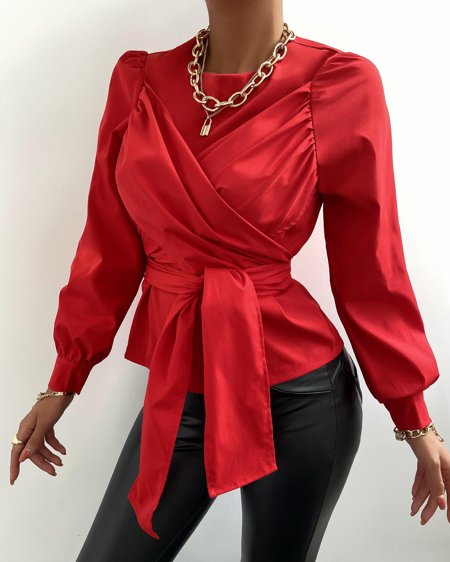 

Plain Puffed Sleeve Wrap Knotted Blouse, Red