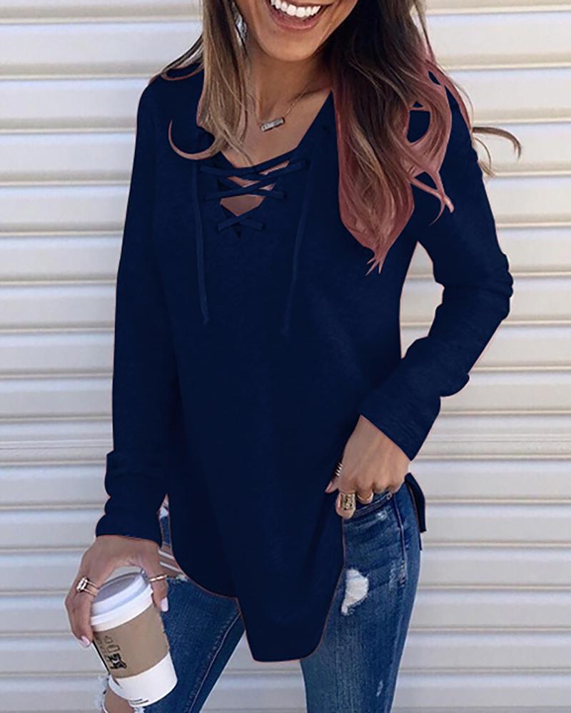 

Plain Eyelet Lace-up Long Sleeve Top, Blue