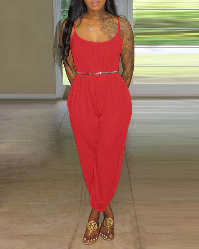 

Solid Tied Cuffed Casual Jumpsuit, Red