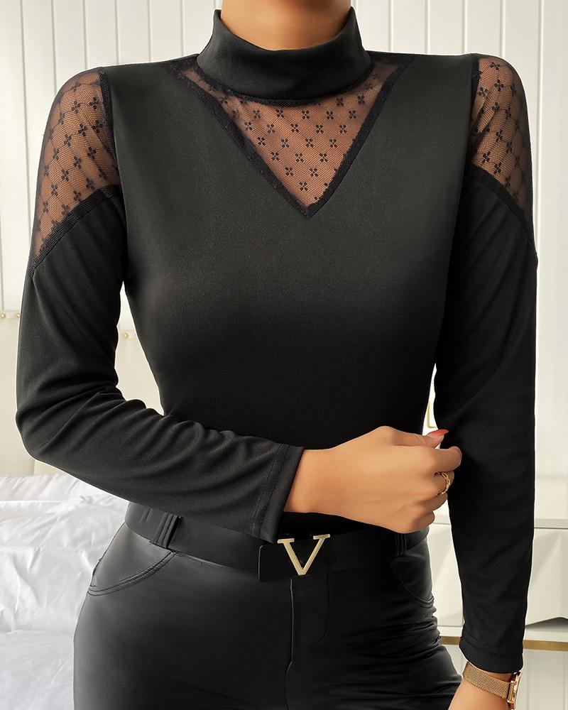 

Sheer Mesh Long Sleeve Top, Black