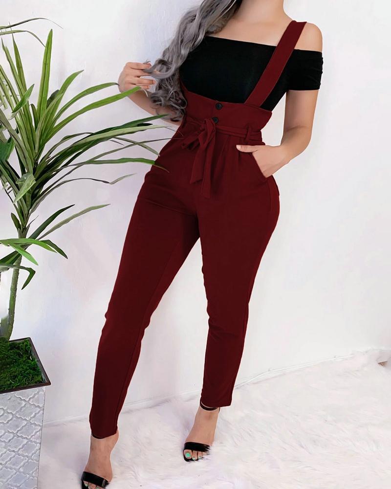 

Button Design Pockets Casual Suspender Pants, Wine red