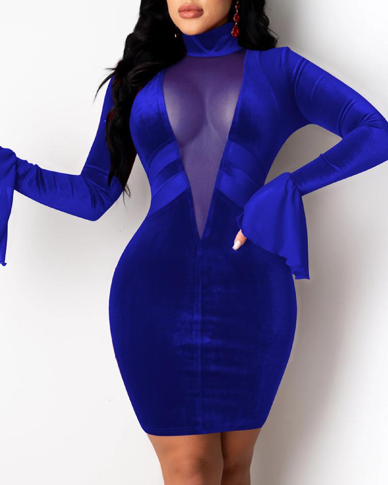 

Velvet Sheer Mesh Bell Sleeve Bodycon Dress, Blue
