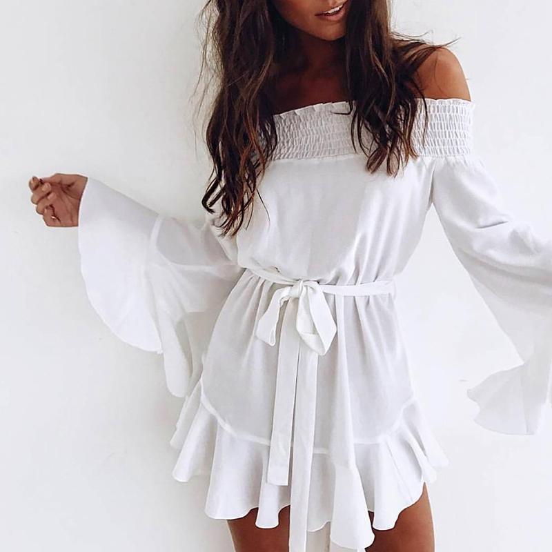 

Sexy Flare Sleeve Drop Hem Pleated Chiffon Casual Dress, White