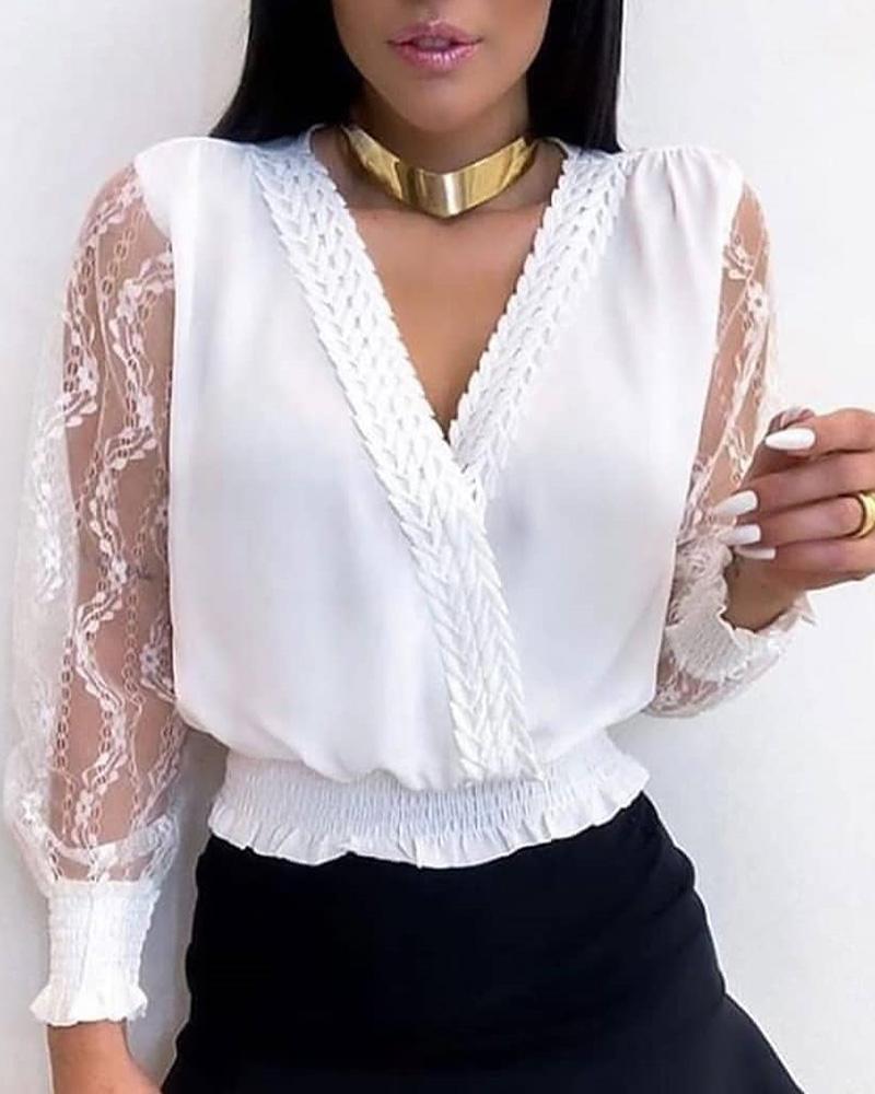 

Sheer Mesh Insert Shirring Detail Blouse, White