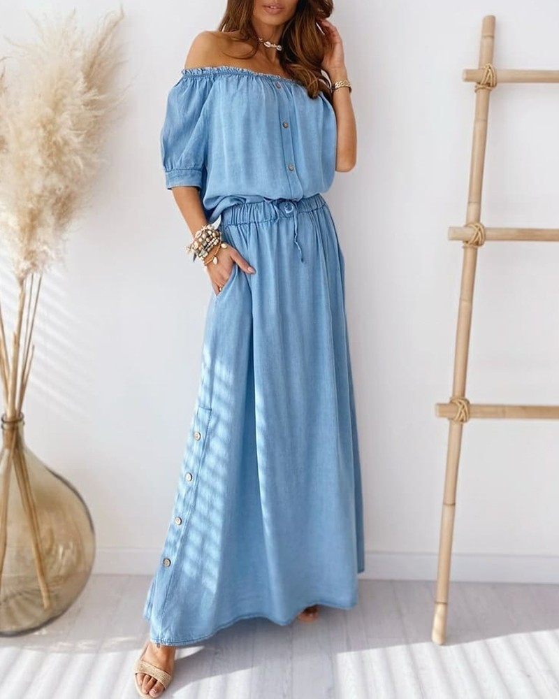 off the shoulder denim maxi dress