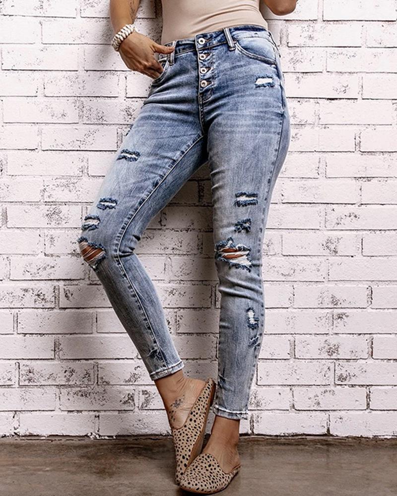 

Solid Color High Waist Skinny Ripped Jean Pants, Light blue