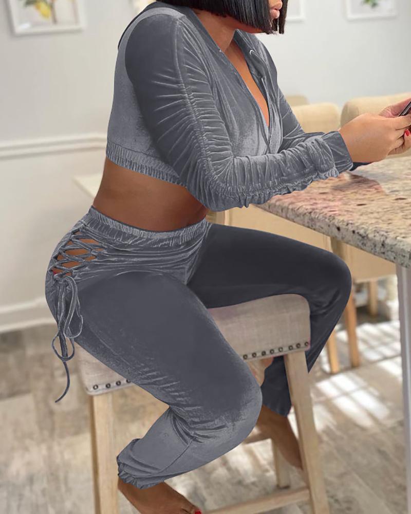 

Plain Zipper Design Hooded Crop Top & Lace-up Pants Set, Gray