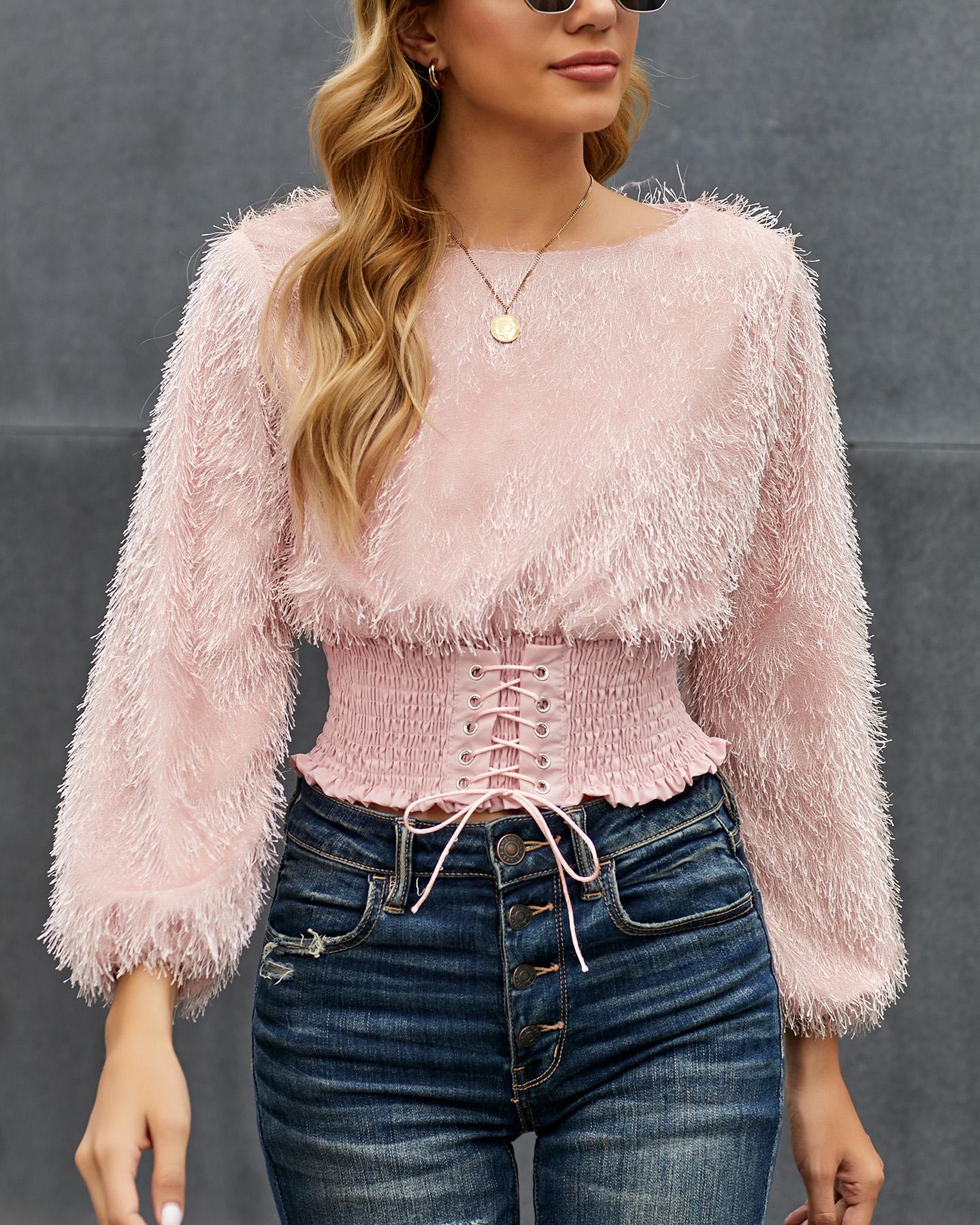 

Eyelet Lace-up Fluffy Top, Pink